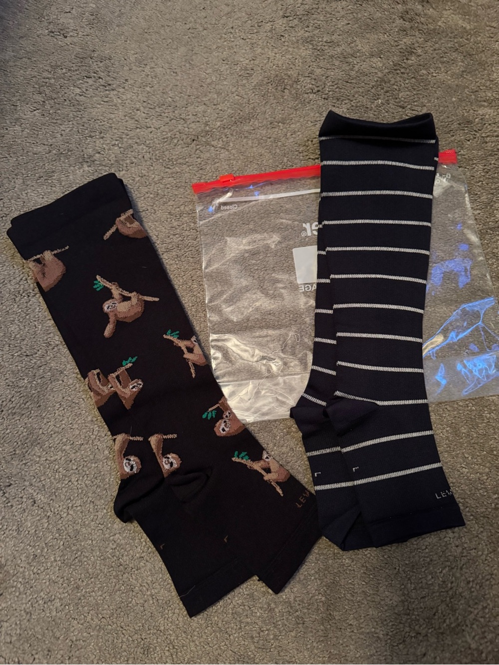 Women's Black Sloth Pattern & Black Stripe Casual Crew Socks - Pack of 2